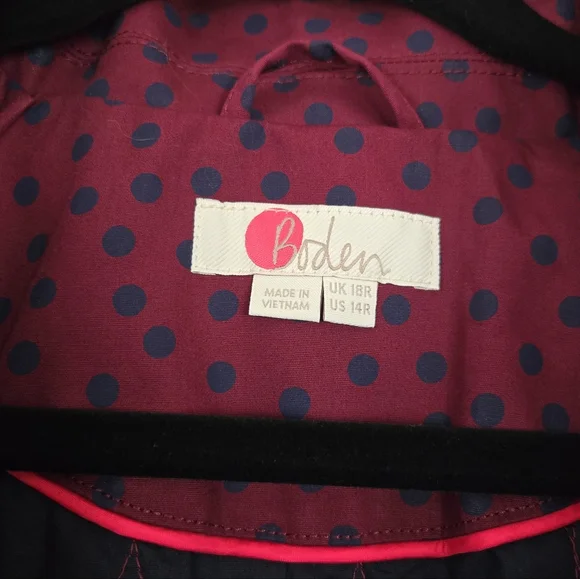 Boden Polka Dot Long Coat Rain Winter Womens 14R Plum Purple Blue Collar Zip - Picture 4 of 9